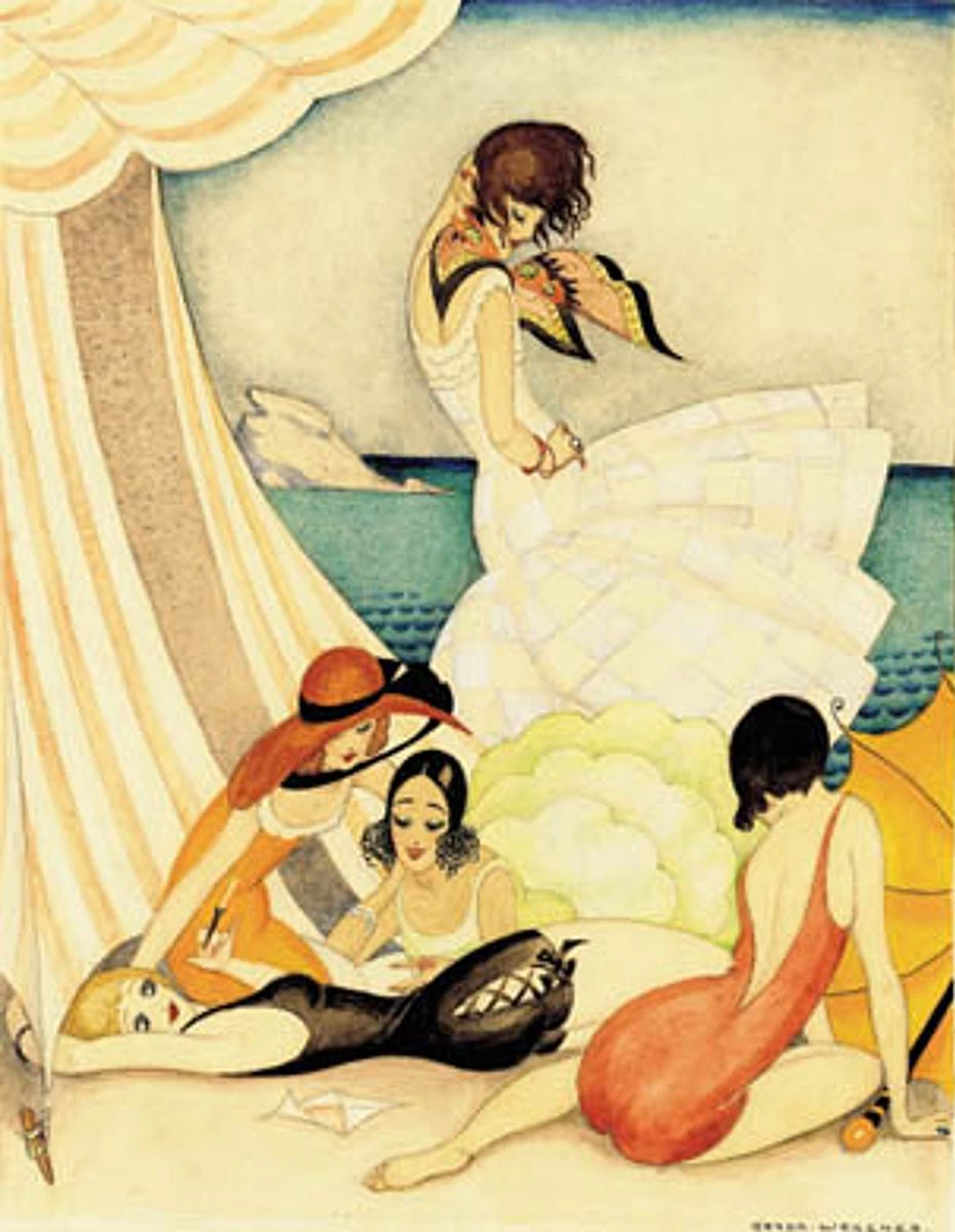 Cinque ragazze che fanno il bagno sulla spiaggia